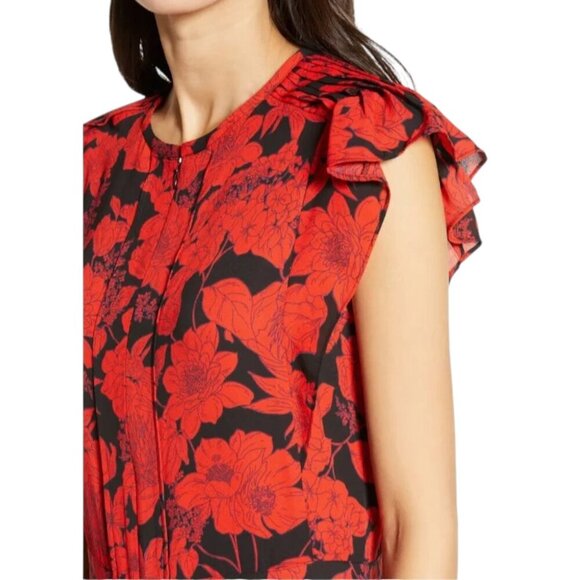 Rebecca Minkoff Mini Dress Large Red Flutter Sleeve Floral Pleated Ruffle Sz S - Picture 2 of 13